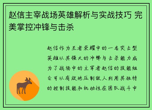 赵信主宰战场英雄解析与实战技巧 完美掌控冲锋与击杀 赵信主宰战场英雄解析与实战技巧 完美掌控冲锋与击杀